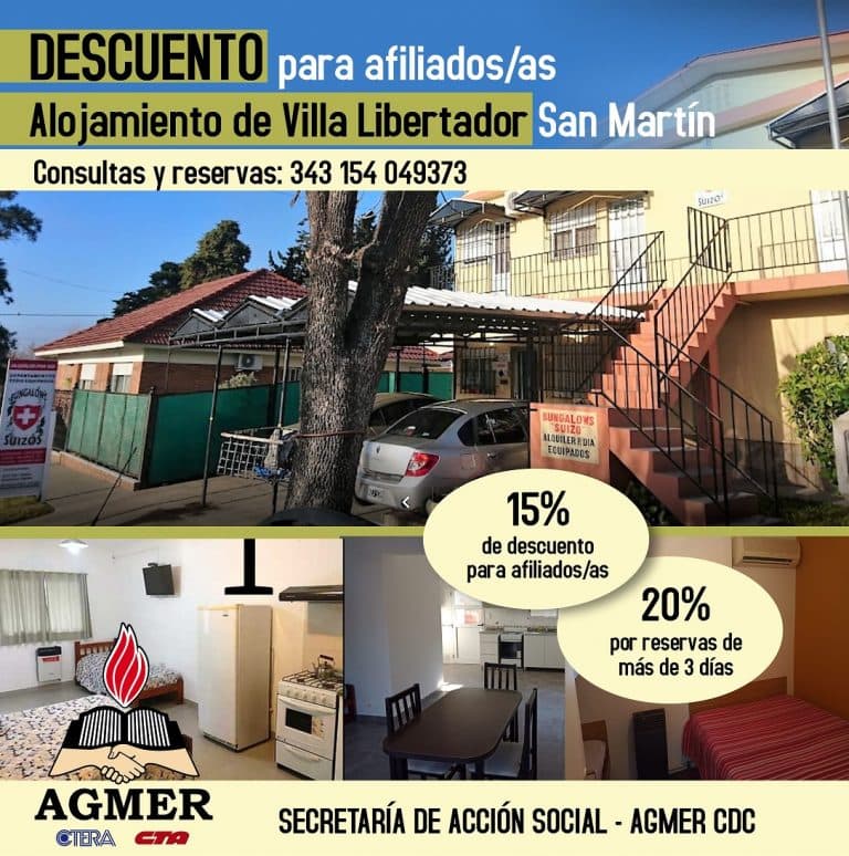 Descuento para afiliados/as en alojamiento de Villa Libertador San Martín
